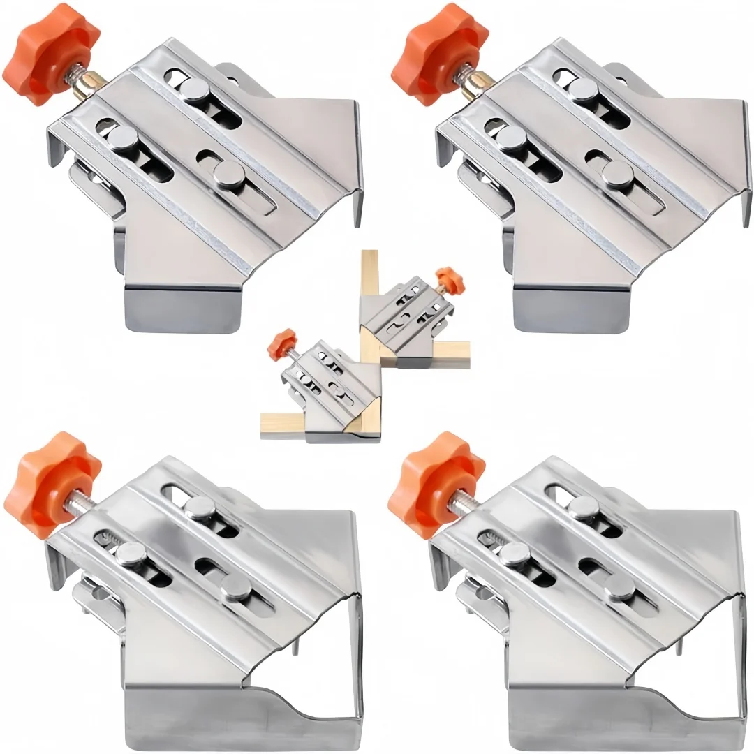 4PCS Aço Inoxidável 90 °   Conjunto de Grampos de Canto, Ferramenta Precisa para Marcenaria e Bricolagem, Mandíbula Giratória Ajustável para Juntas Perfeitas
