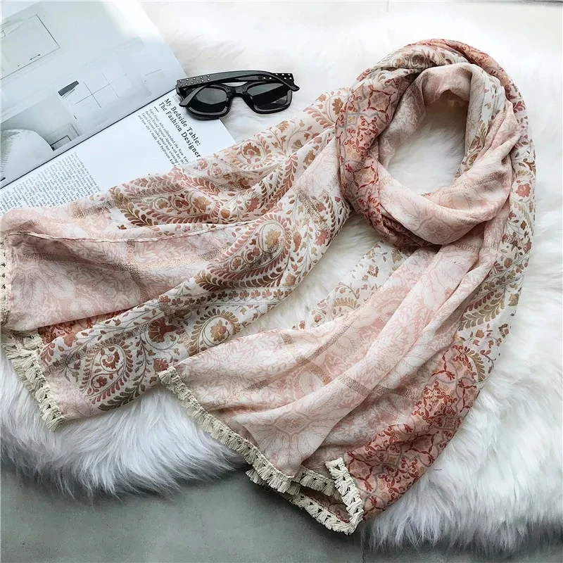 

2022 Newest Women Paisley Pattern Tassel Scarf Lace Trim Cotton Scarf