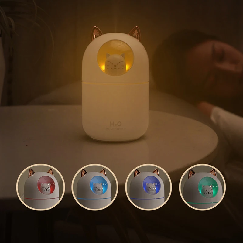 เครื่องทำความชื้นในขนาดเล็กแบบพกพาขนาด300มล. เครื่องทำละอองน้ำเย็นขนาดเล็กพร้อมไฟกลางคืนเครื่องพ่นไอน้ำ USB