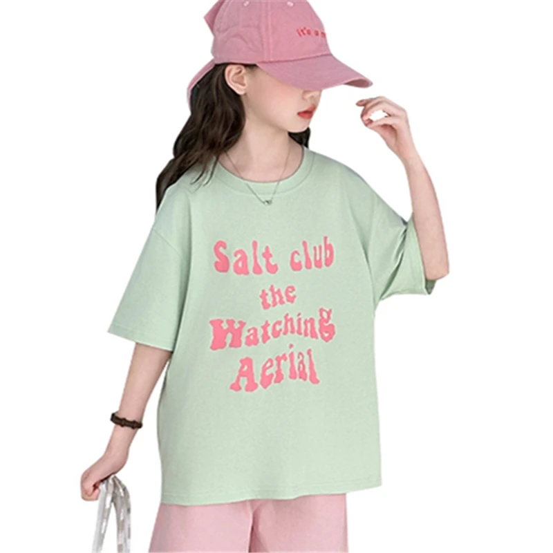 

New Kids Designer Summer Sage Green Color T-shirt with Letter Print for Tweens Girl Casual Short Sleeve Tshirt Child Cotton Tees