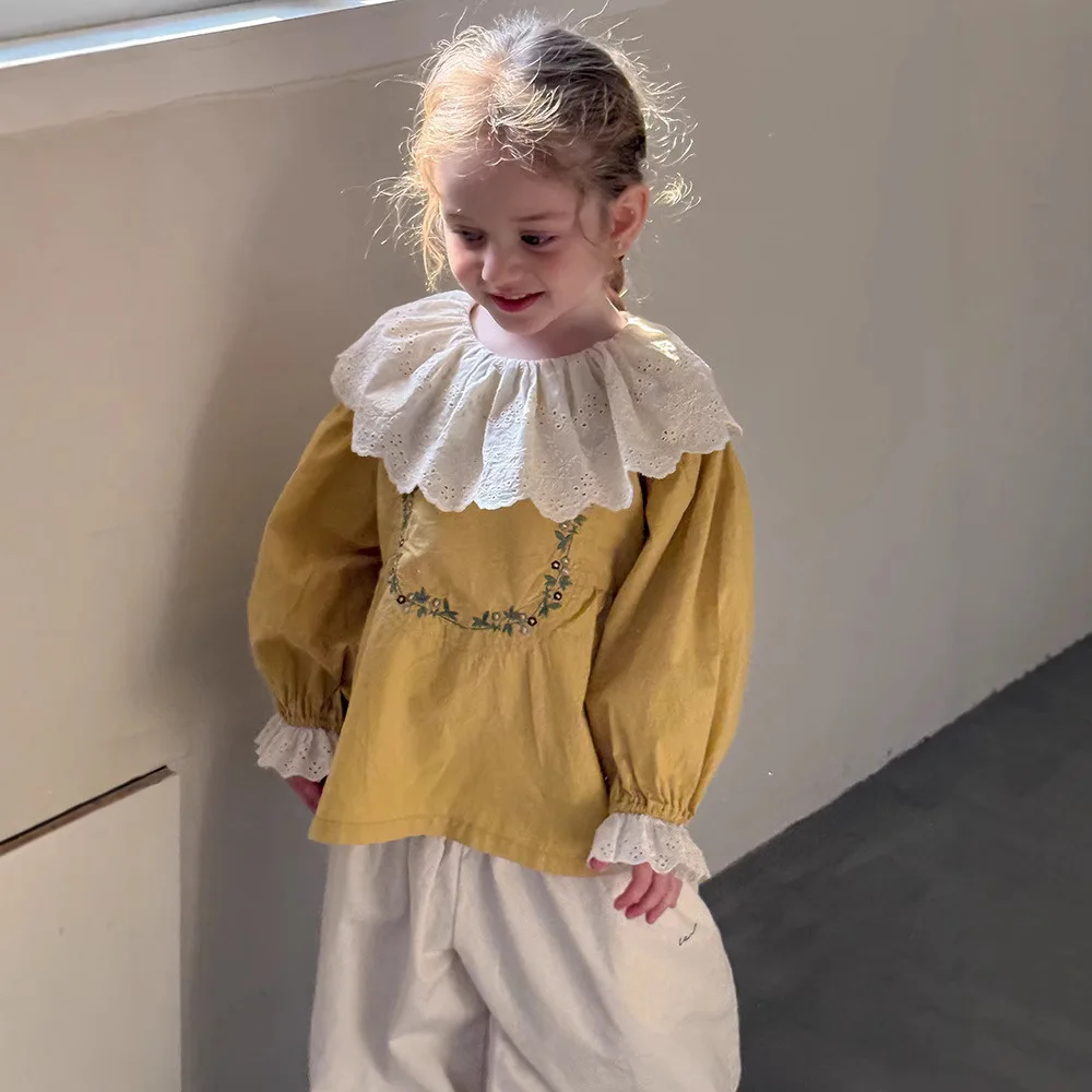 

Autumn 2025 New Children's Embroidered Lace Shirt Forest Girls' Embroidery Lace Long-Sleeved Shirt