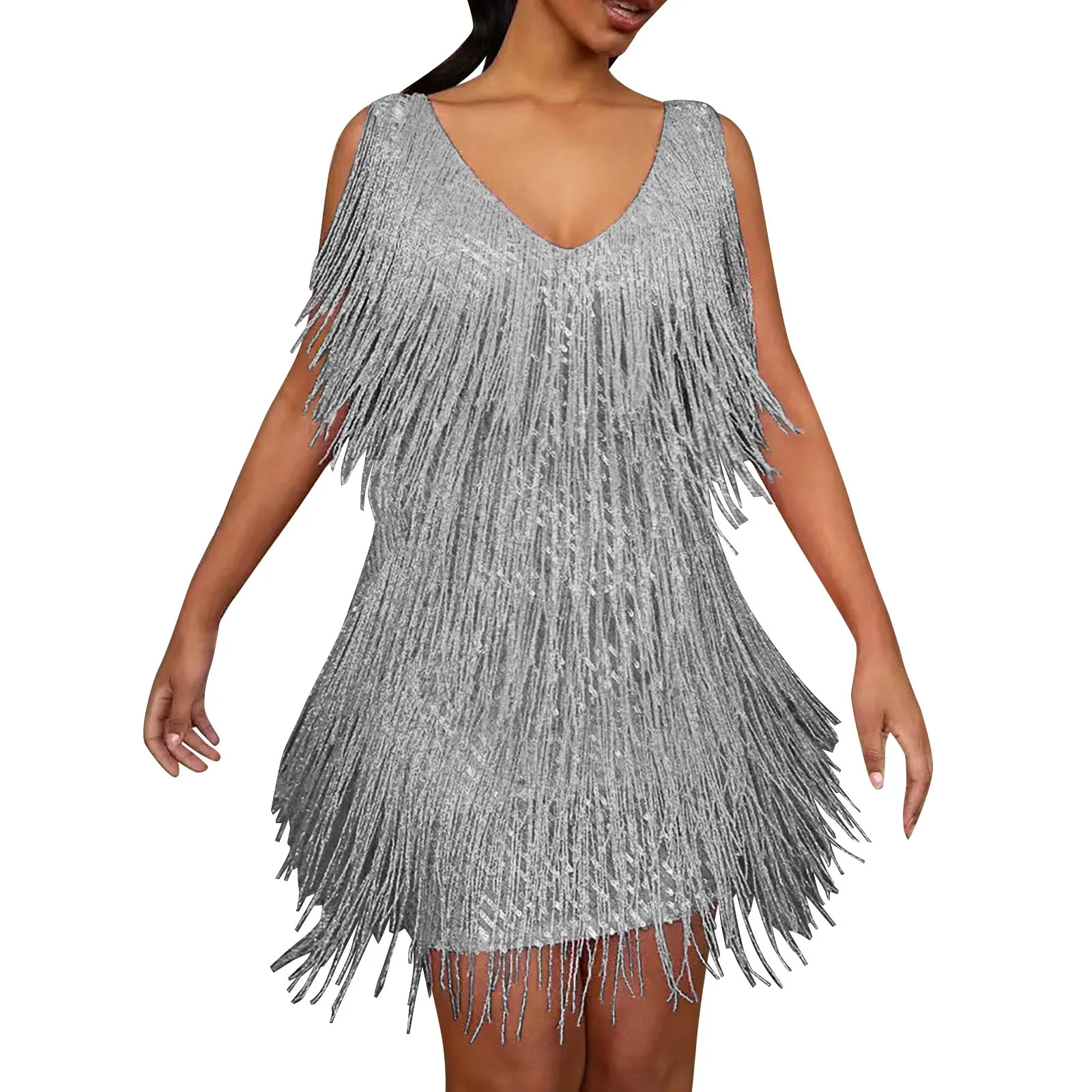 Deep V-Neck Sleeveless Backless Hip Wrap Summer Dress Sexy Women Fringed Sequin Stitching Mini Pencil Club Wear Tassel Vestido 1