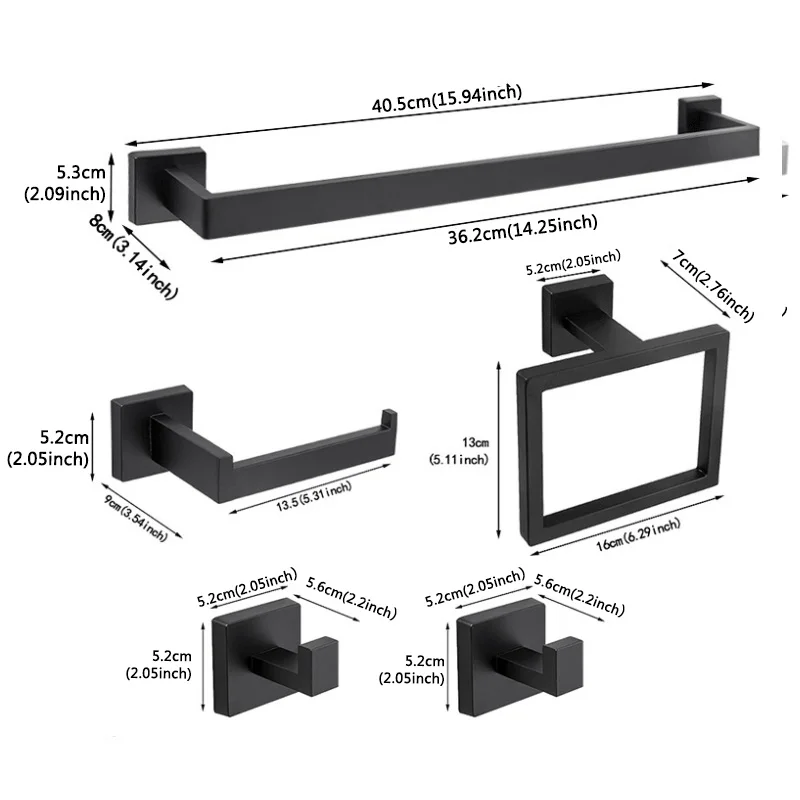 مجموعة رفوف المناشف المصنوعة من الفولاذ المقاوم للصدأ، شريط المناشف المربع، رف ورق الحمام، قلادة الحمام