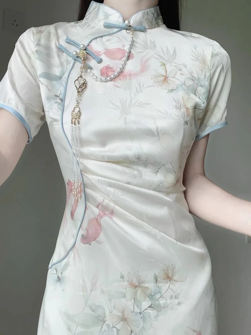 Women Sweet Beige Cheongsam Chinese Style Female Long Dress Vintage Slim Qipao Short Sleeve Evening Dresses for Summer S2590