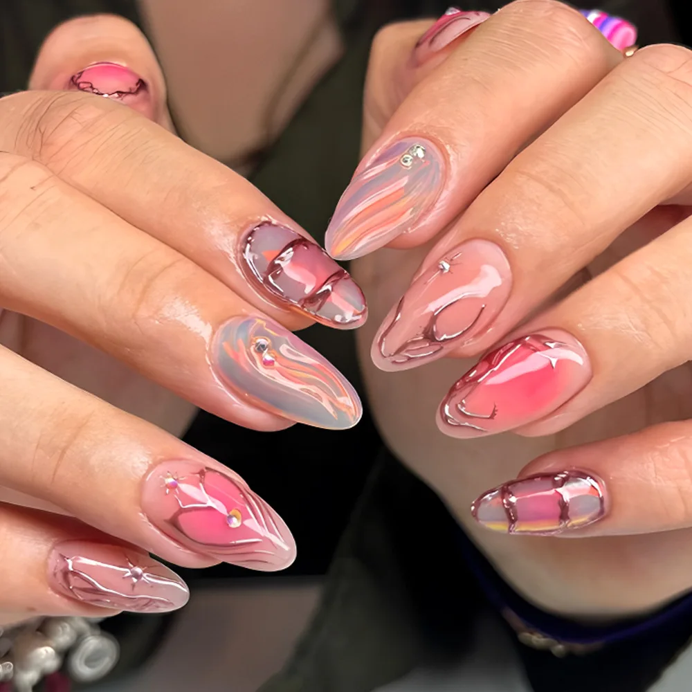 

24Pcs Mid-length Almond Fake Nail Pink Smudge Rhinestone Manicure Tips Irregular Gilded Line Heart Reusable Press on False Nails