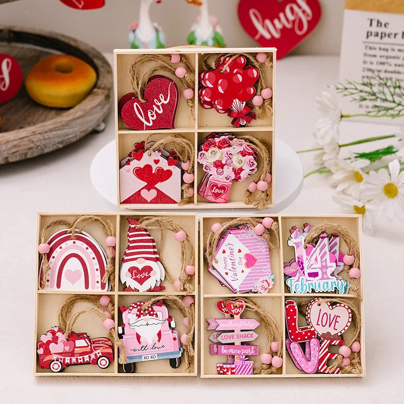 12 PC วาเลนไทน์แขวนไม้ตกแต่งวันหยุดรักดอกไม้วาเลนไทน์เครื่องประดับวันวาเลนไทน์ตกแต่ง Love ซองจดหมายจี้