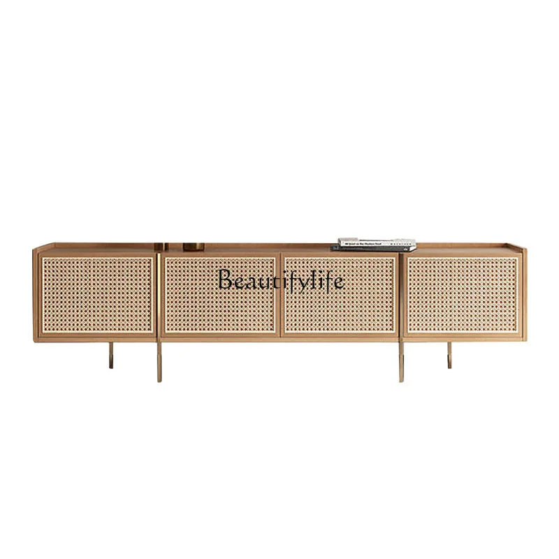 

New Chinese ebony rattan TV cabinet wabi sandy wind solid wood display cabinet