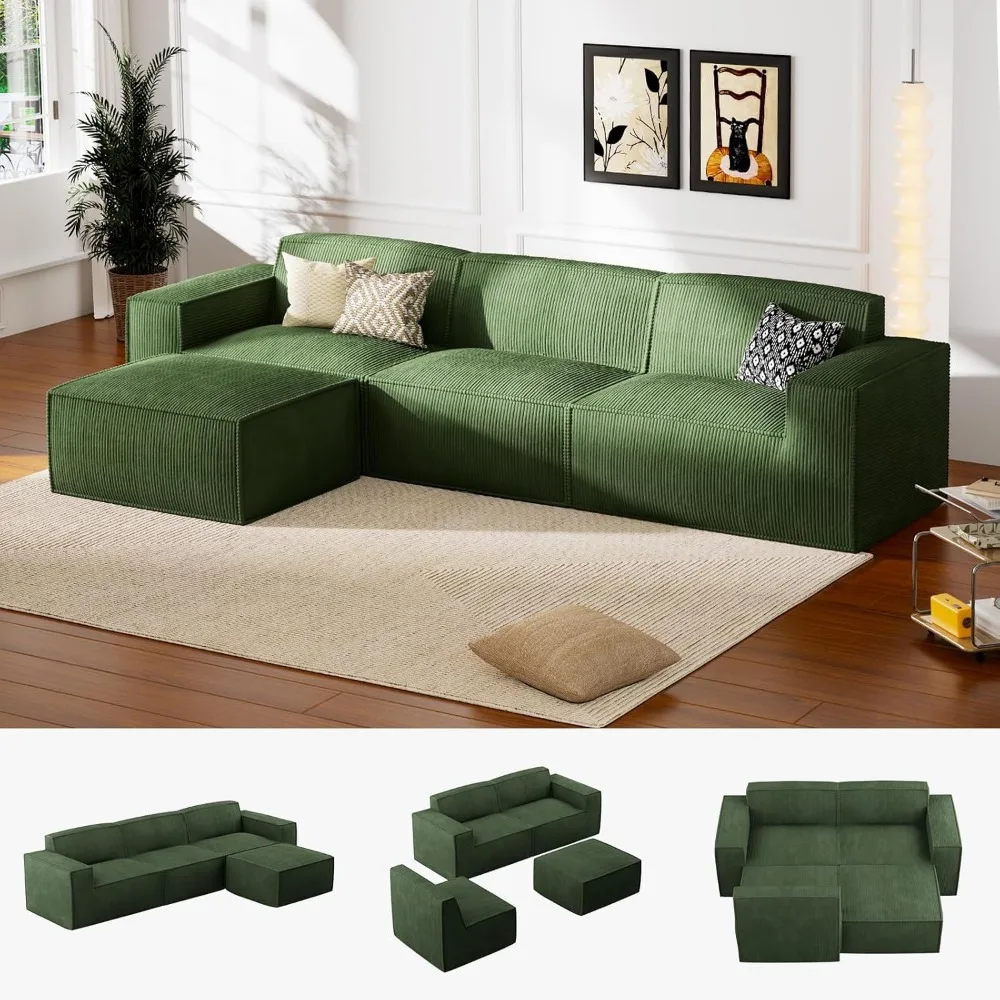 

111" L Shaped 3-Seater Sofa Modular, Corduroy Cloud Couches with Deep Seats and High-Back Design, Modular Sectional Sofa for Li