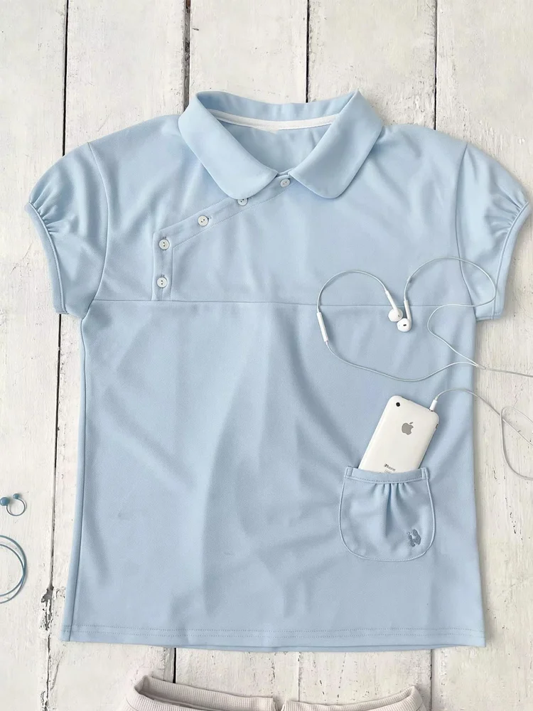 Women's daily casual sweet Y2K Peter Pan collar slanted button back pleated pocket short sleeved INS versatile T-shirt