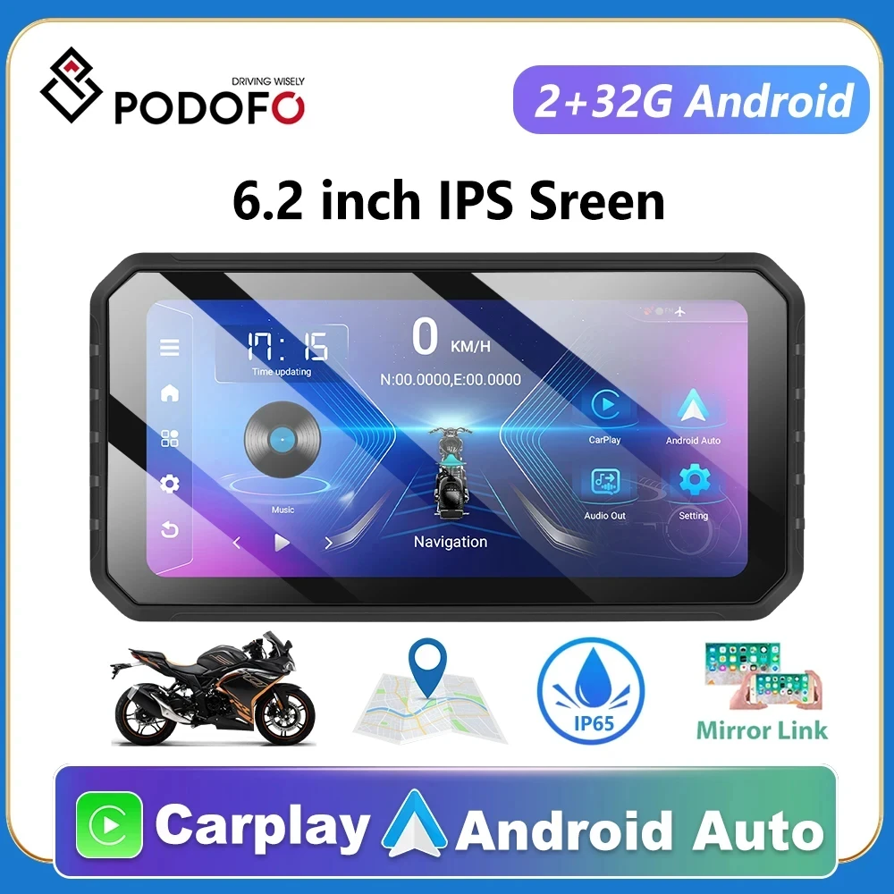 Podofo 6.2 inch Screen 2+32G Android Carplay Portable Smart Player Supports Android Auto With GPS Motorcycle Touch Screen