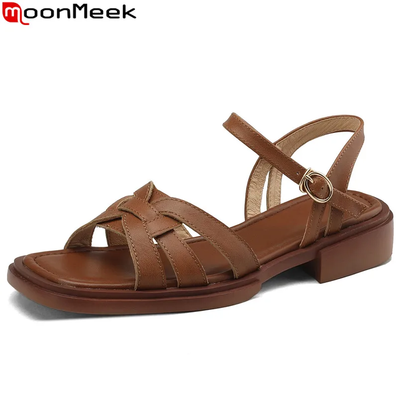 

MoonMeek 2023 New Vintage Ladies Slingbacks Casual Sandals Genuine Leather Platform Sandals Buckle Square Low Heels Shoes