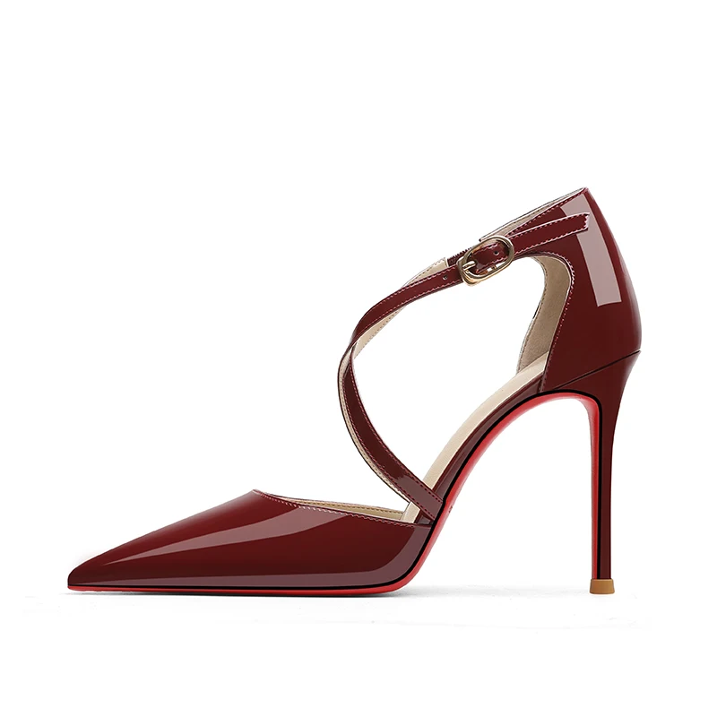 Cross tie high heels for women with thin heels and red soles, new summer 2024 one line buckle wine red toe sandals