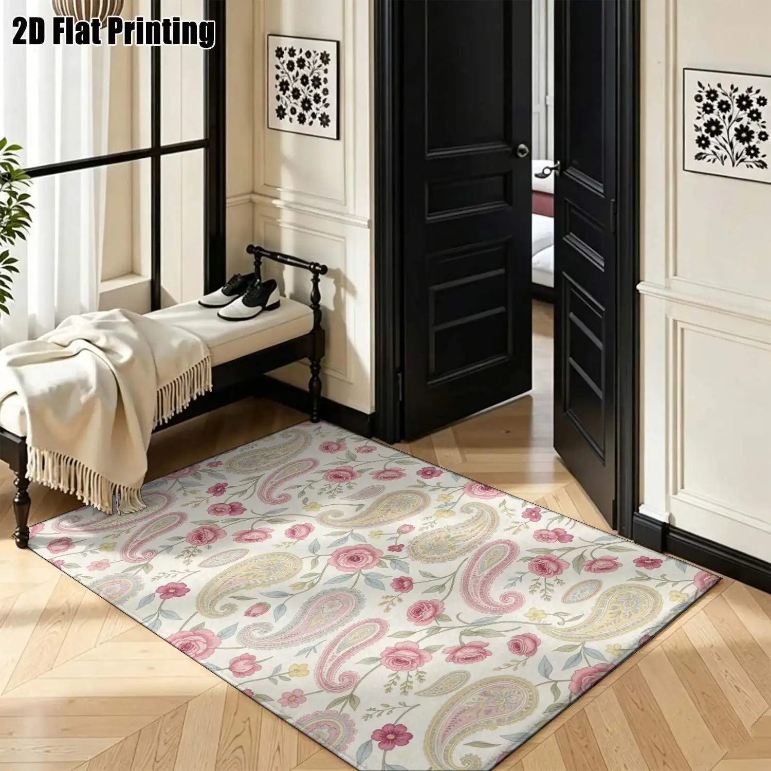 1Pc 2D Printed Carpet: Pink Rose Paisley Vintage Instagram European Style, Home Decor, Multi-Size, Machine Washable, for Entrance, Dining, Foyer, Bedroom, Study, Living Room