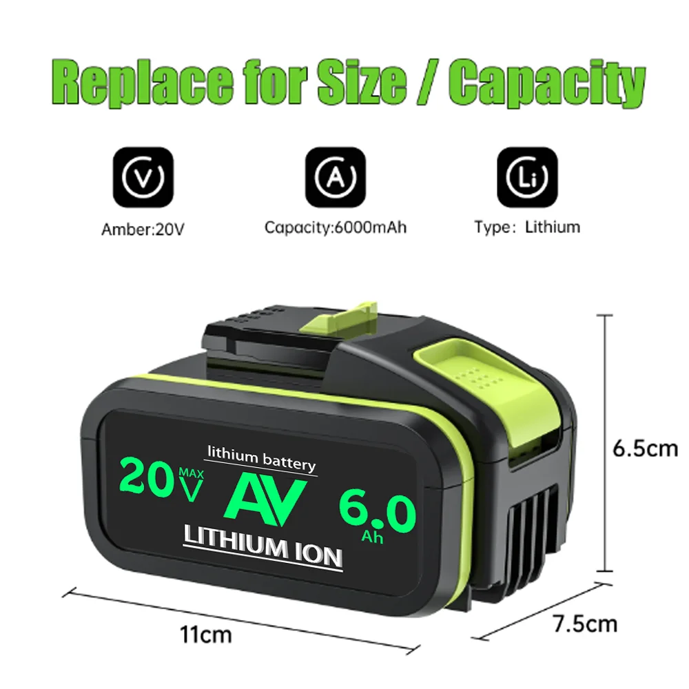 New 6000mAh Battery For Worx WA3553 20V 21V Cordless Power Tool Battery WA3572 WA3553 WX390 WA3551 WX176 WX178 Spare Batteriies