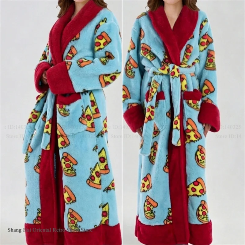 Verdickter Flanell Damen-Schlafanzug Langer Bademantel mit Cartoon-Print Kimono-Bademantel Winter Coral Fleece Nachtwäsche Hauskleidung Loungewear