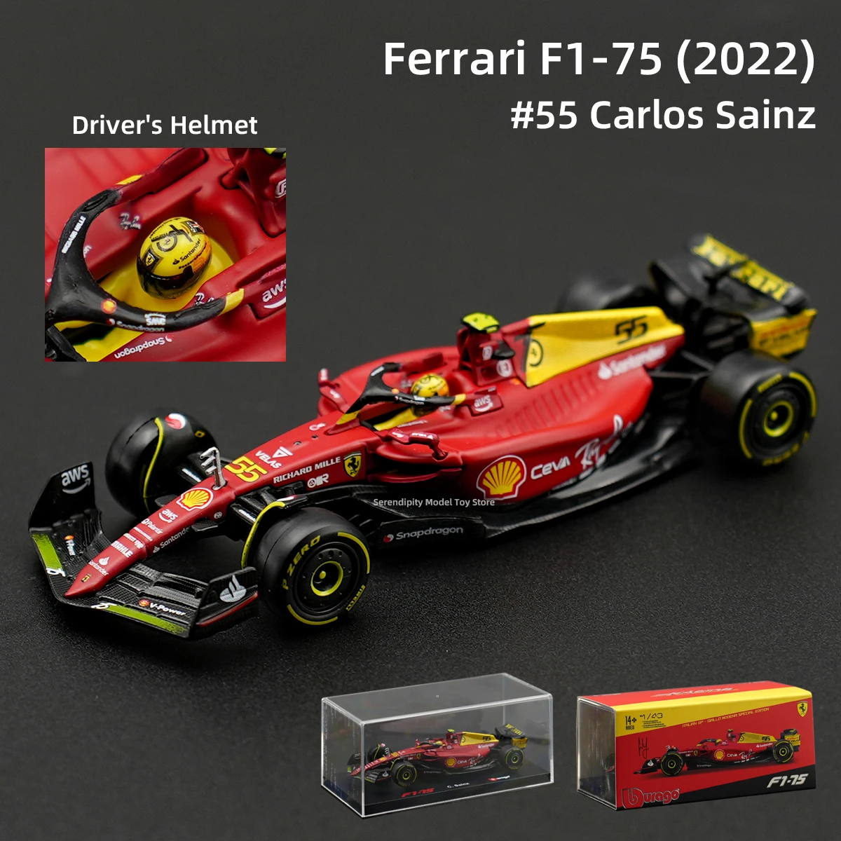 Bburago-Die Cast Fórmula Racing Car Brinquedos, caixa de acrílico, 1:43 Ferrari, 2022 F1-75