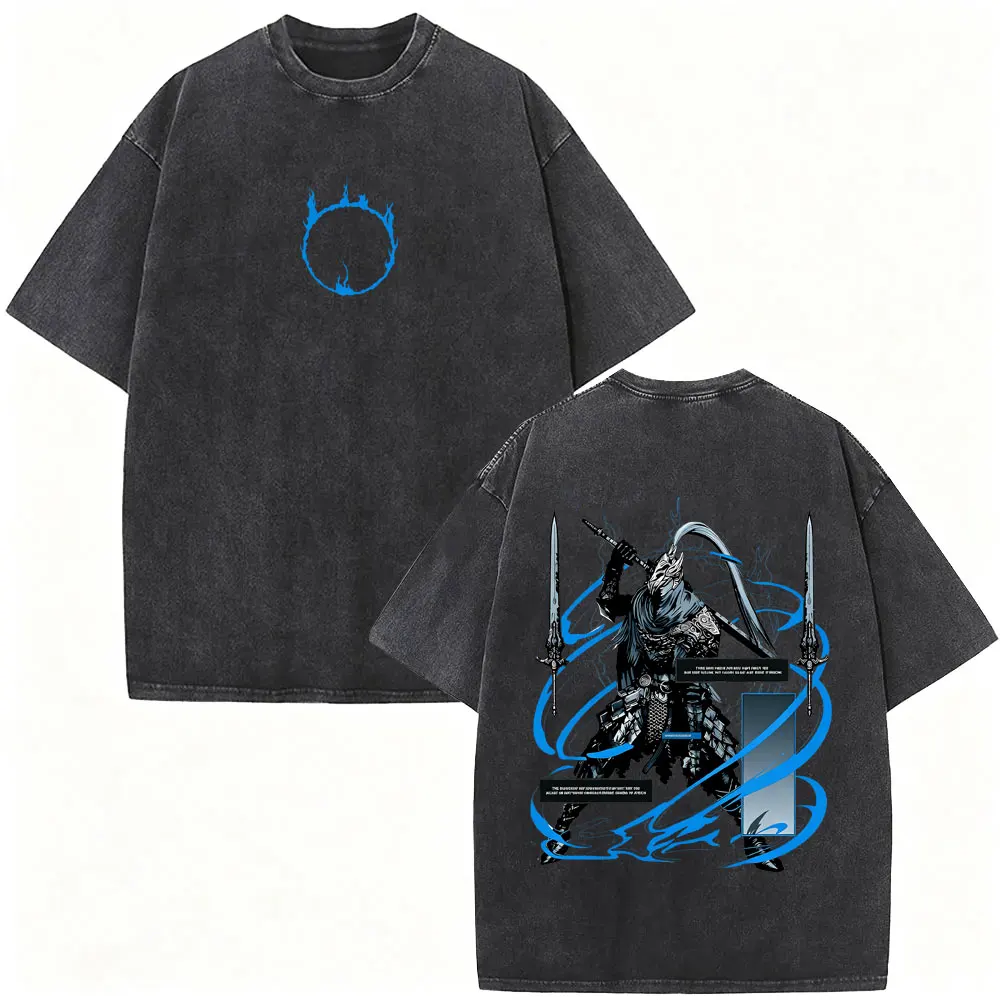 Hot Sale Game Dark Souls Artorias The Abysswalker Vintage Washed T-shirt Men Women Clothing Retro Gothic Rock Oversized T Shirt