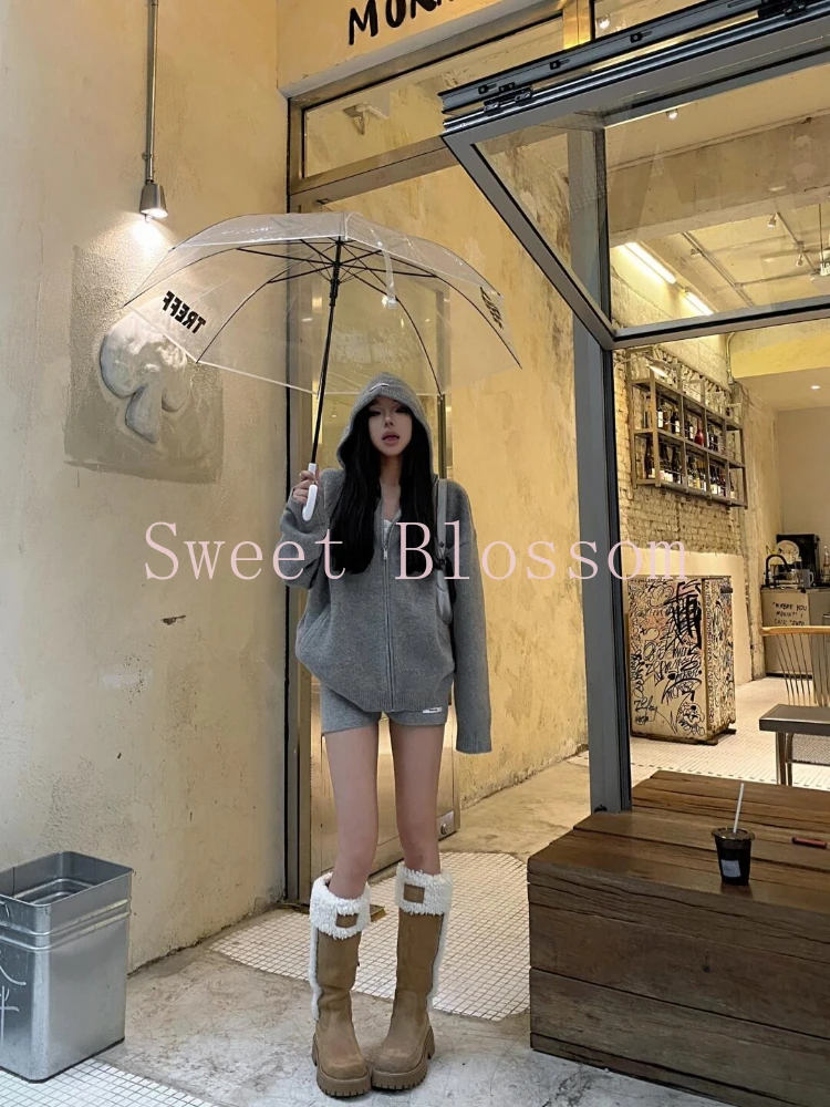 Set 2 Potong Rajutan Berkerudung Gaya Preppy Retro Amerika Kardigan Ritsleting Wanita + Celana Mini Setelan Gadis Populer Mode Rajutan Baru Musim Gugur