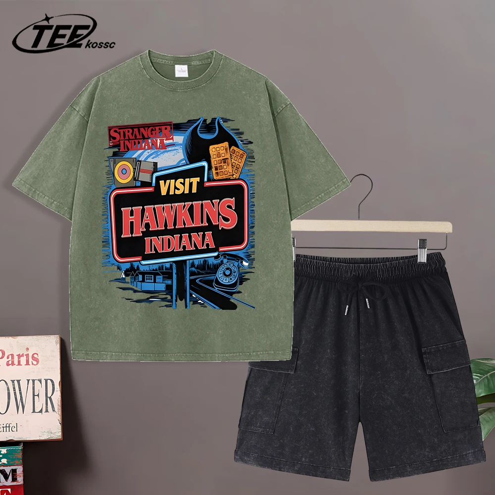 

Visit Hawkins Indiana Print Snow Washed T-Shirt Mans Cotton Tees Suit Sportwear Clothing Unisex O-Neck Loose Short Sleeve