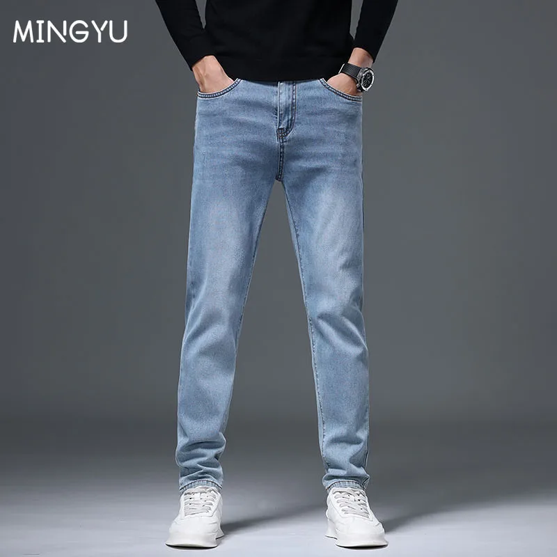 Autumn Men's Vintage Stretch Jeans Light Blue Cotton Small Straight Business Korea Denim Pants Male Brand Plus Size 28-40