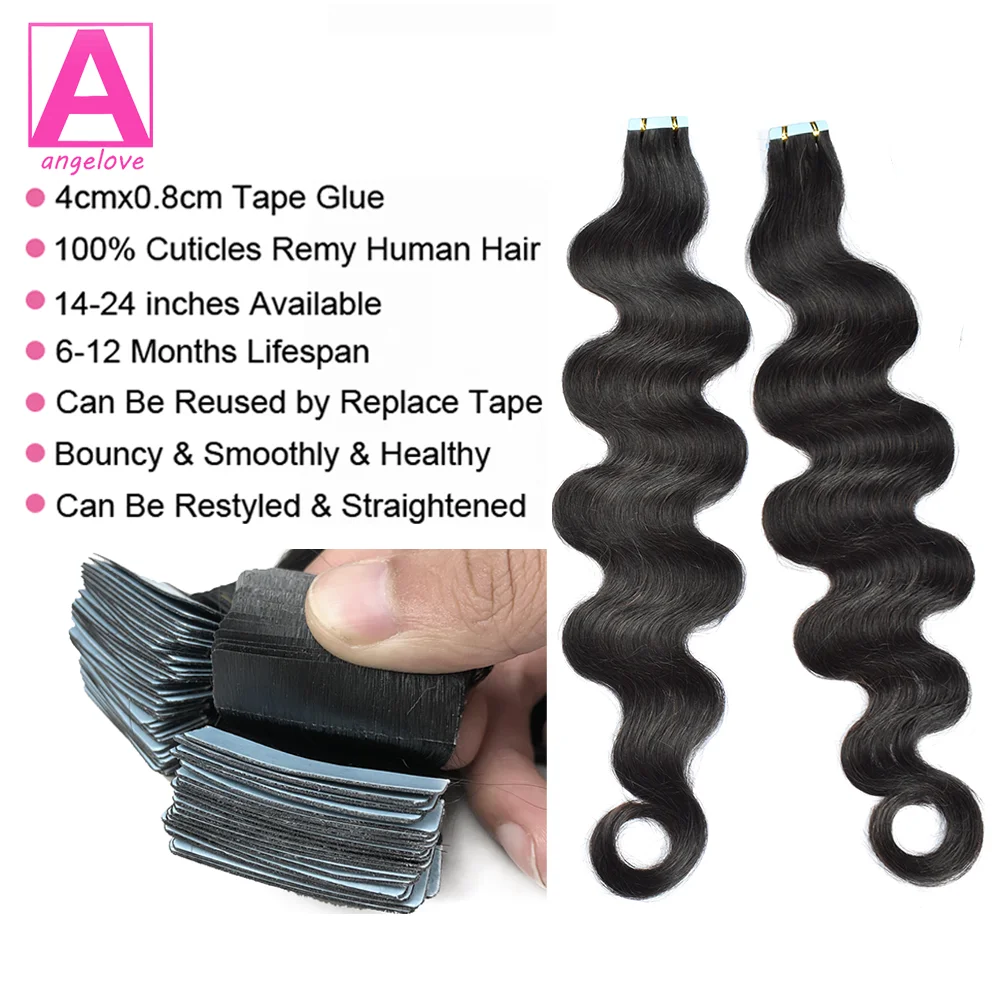 Extensiones de ondas corporales de cabello humano 100% Remy Real, pegamento adhesivo de trama de piel para salón, alta calidad para mujer, 1B