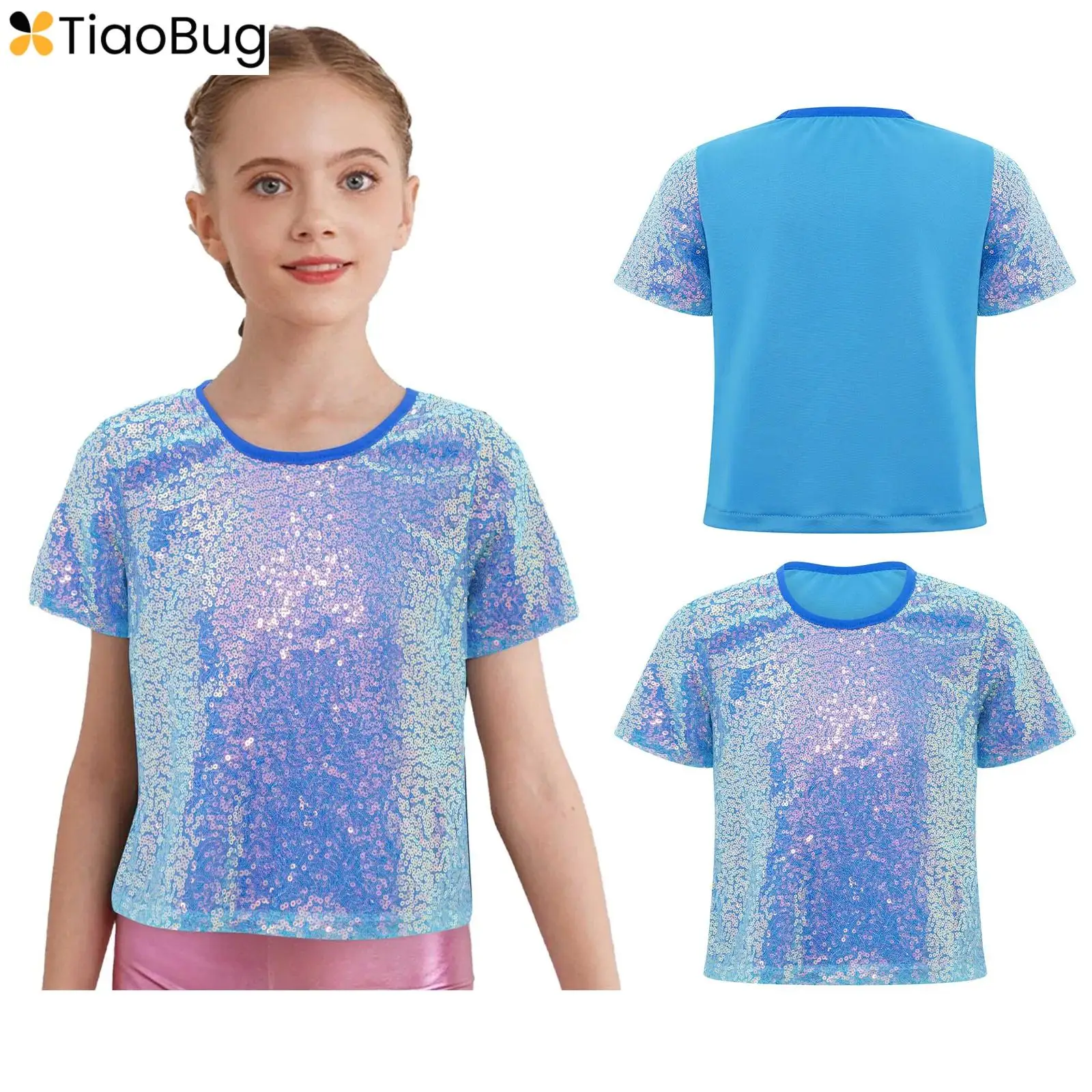 

Girls Shiny Sequins T-shirt Round Neck Short Sleeves Shirt for Cheerleading Jazz Hip-hop Dance Top Stage Performance Party