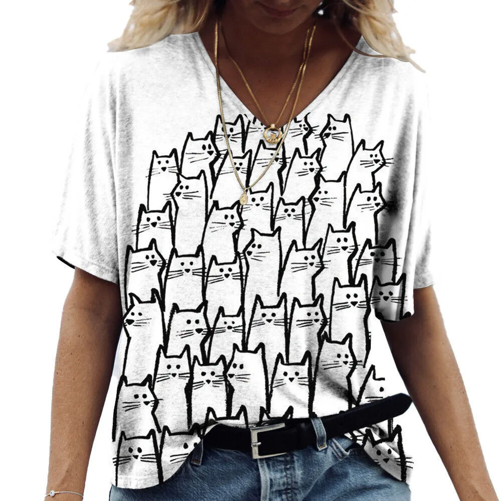 

Women's T-shirt Cartoon Cat Print Summer Short Sleeve V-Neck Kawaii Fashion Casual Tee Shirts kitten Funny Femininity Clothing