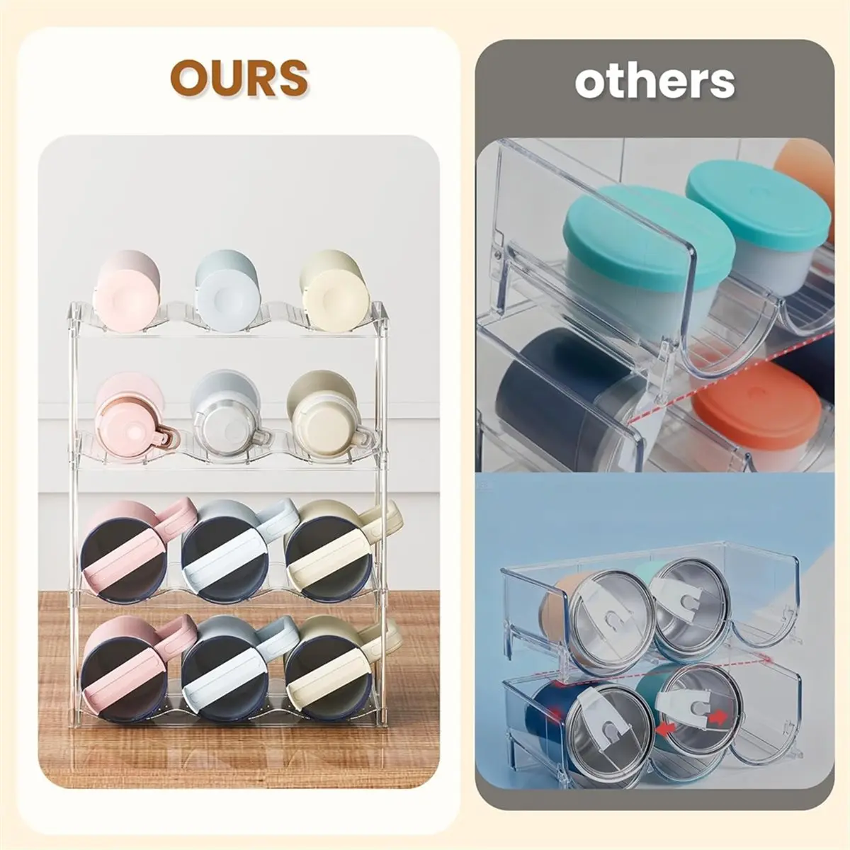 2026 New Tool Stackable Water Bottle Holder Organzier for 40 Oz Large Tumbler, 4 Tier Clear Tumbler Bottle Cup Rack, Hold 12