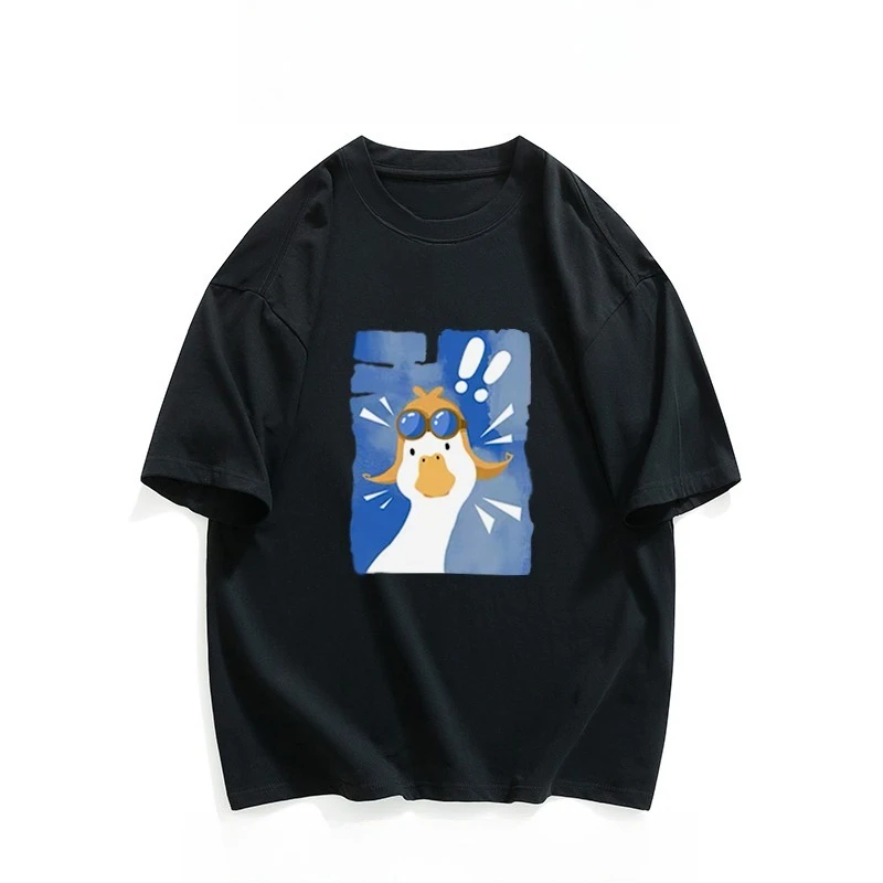 HOT SALE Funny Big White Goose Printed Cotton T-shirt for Men and Women Casual Breathable Loose Round Neck T-shirt Top Y2K Top