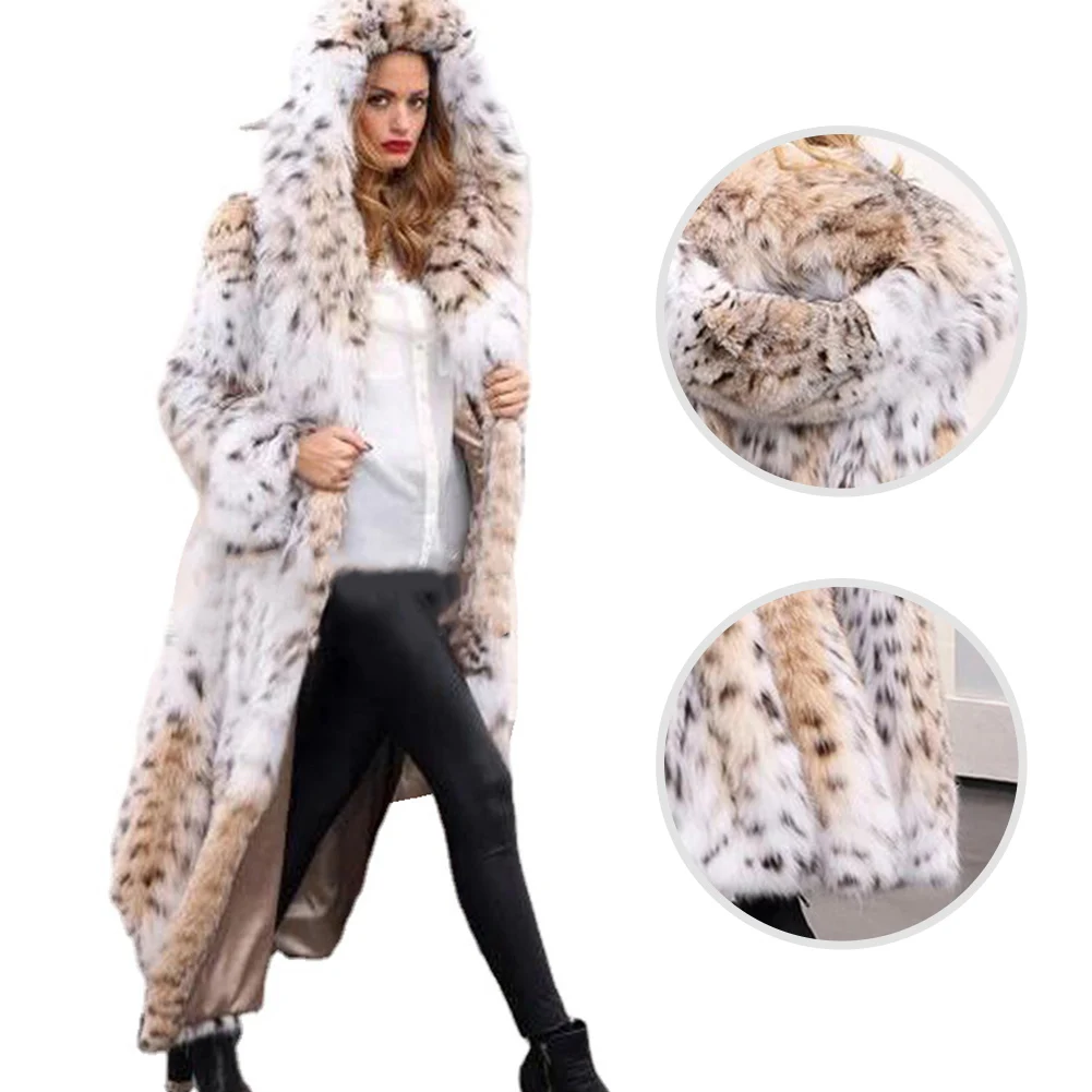 Abrigo grueso con estampado de leopardo para mujer, abrigo largo de piel de zorro de imitación, con capucha, suelto, longitud media, Invierno