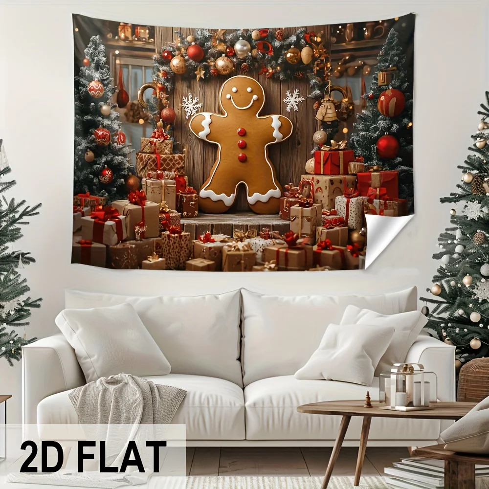 VIKAMA Christmas Gingerbread Man Tapestry Xmas Gift Pine Tree Wall Hanging Holiday Scene Backdrop Home Bedroom Decor