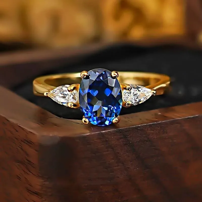 925 Silver French Retro Classic Ruby Ring, Pointed Crystal Blue Gold-plated Diamond Ring, Wedding Ring, Women's Ring Jewelry
