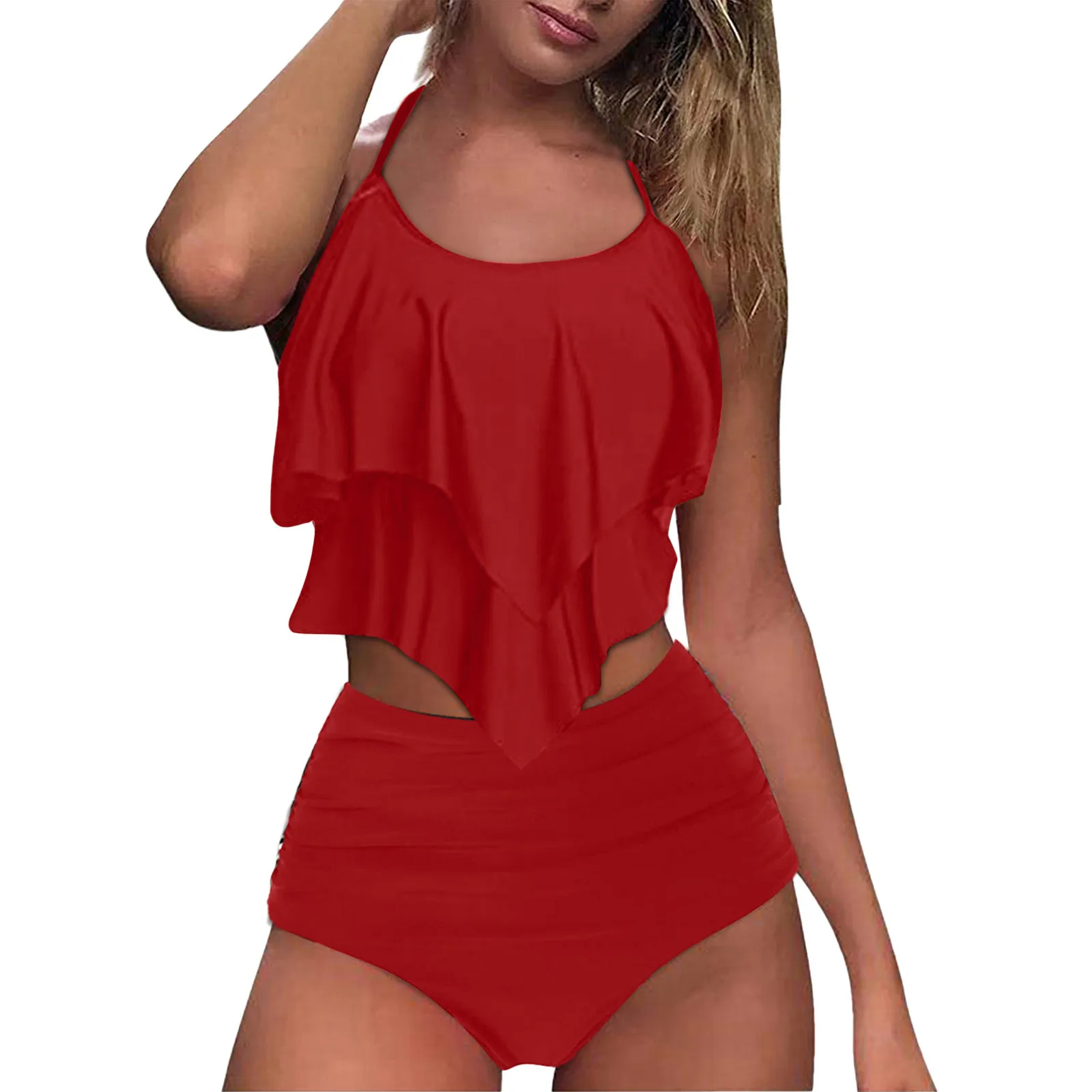 Conjunto de Tankini de cintura alta para Mujer, Bikini Sexy de Color sólido, Tankini de dos piezas, traje de baño Sexy de realce, traje de baño caliente Y2k para playa de verano