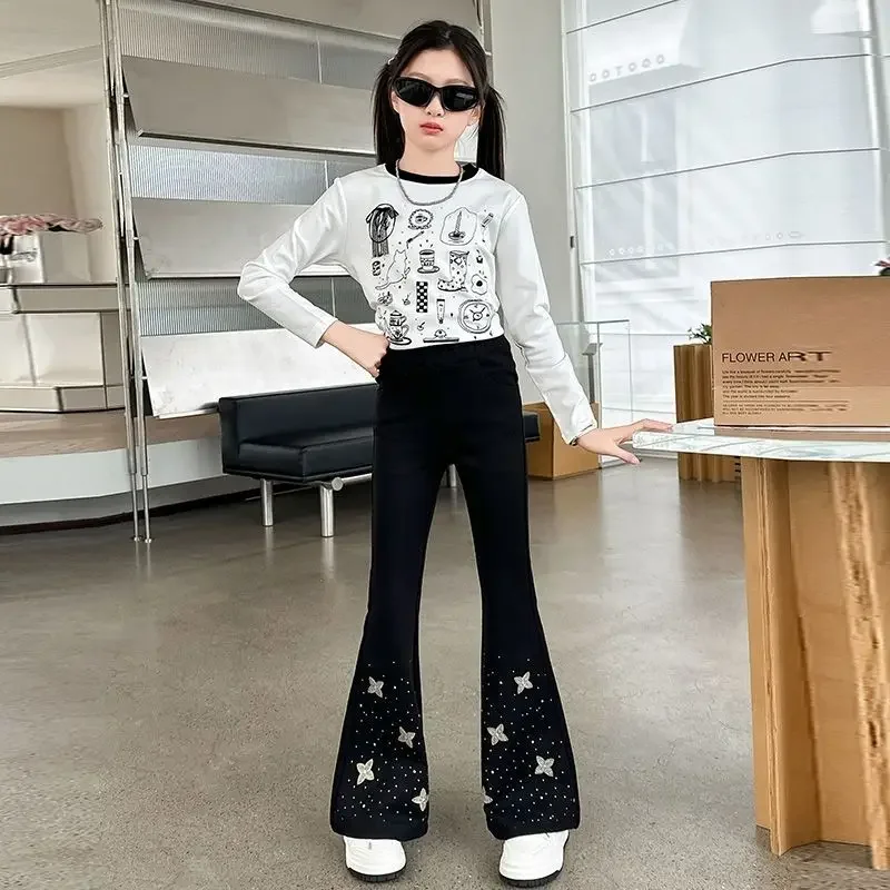 Girls' Bell Bottom Pants 2026 Spring Autumn Printed Stretchy Slim Fit Kids Casual Pants