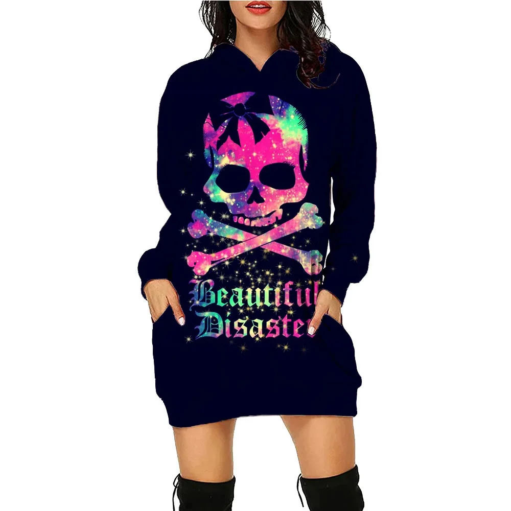 Skull Ghost Halloween Printed Hoodie Dress Bat Women\'s Daily Workout Hoodies Long Sleeve Pullover Autumn Loose Tee Traf Vestidos