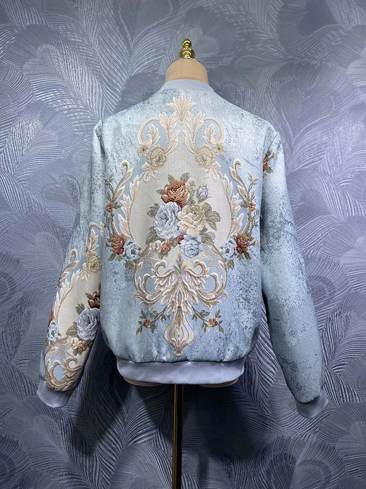 DLDENGHAN Women Stand Collar Beading Jacquard For Long Sleeves Pockets Autumn Fashion New Jacket