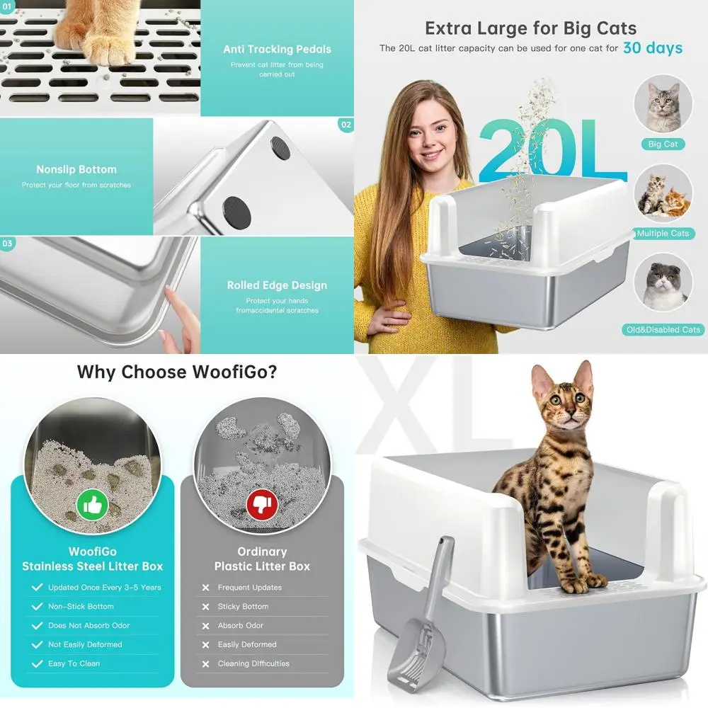 

Очень большой лоток для кошек из нержавеющей стали с крышкой, высокими бортиками, защитой от запаха, легко моется, предотвращает протечки, в комплекте совок