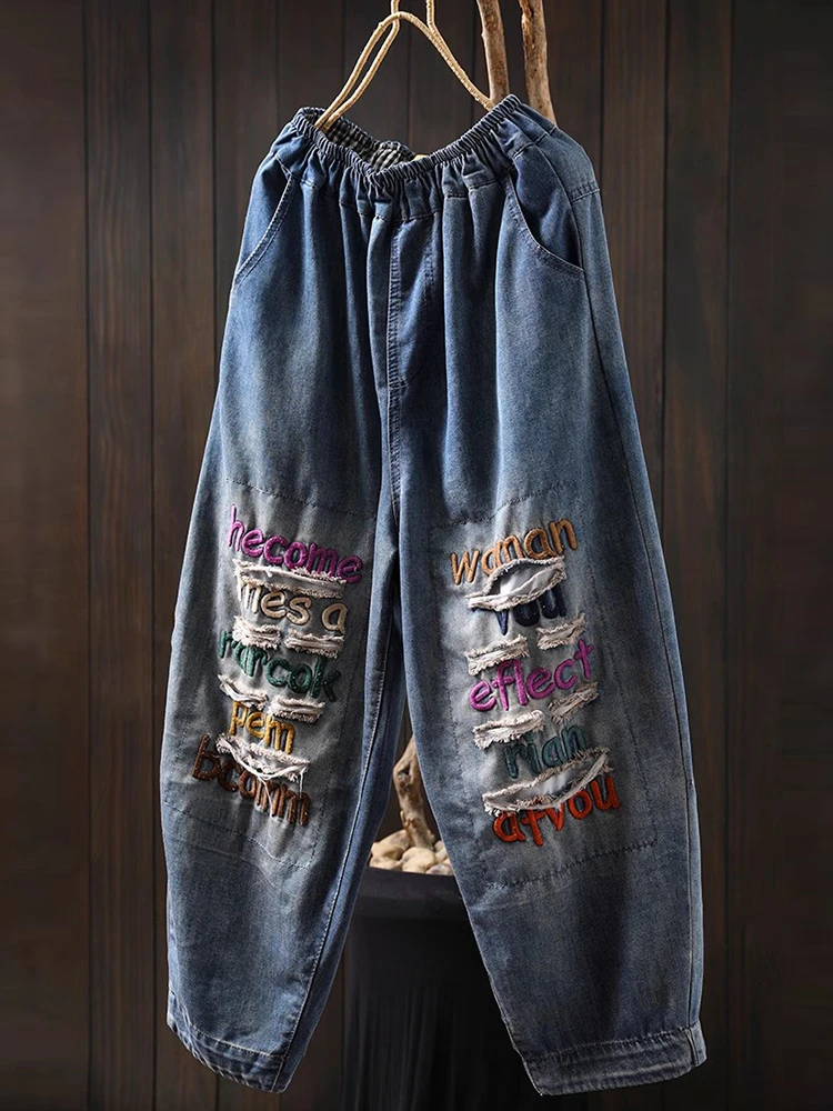 

Женские повседневные рваные джинсы, Новое поступление, весна 2024, уличная одежда, винтажные свободные женские джинсовые шаровары с вышивкой букв M1001