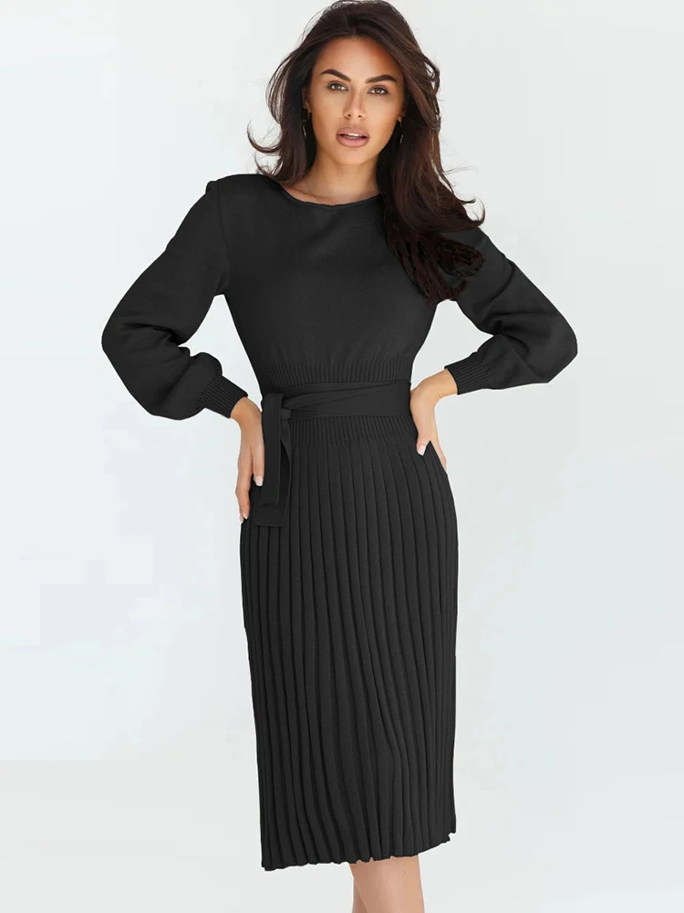Elegant Knitted Dress Women Long Sleeve Knit Sweater Dresses 2022 Autumn Winter Mid-Length Pullovers Korean Ladies Slim Vestido