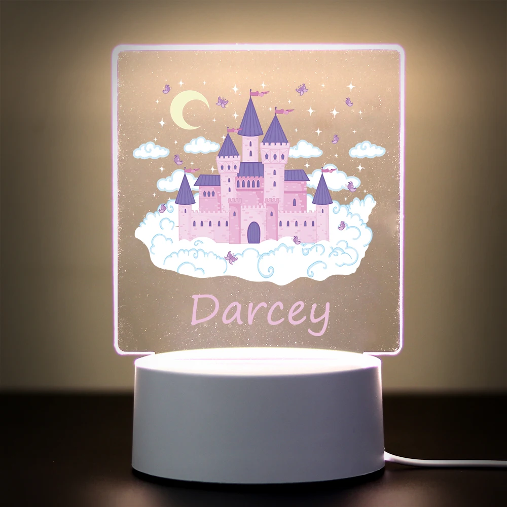 1 pc lindo castelo dos desenhos animados impressão uv nome personalizado 3d toque led night light 3d visual lâmpada acrílica quarto das crianças natureza decoração