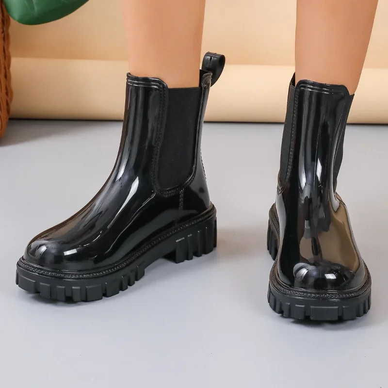 Botas de media caña para Mujer, zapatos a la moda, estilo Chelsea, con plataforma y tacón, para la lluvia