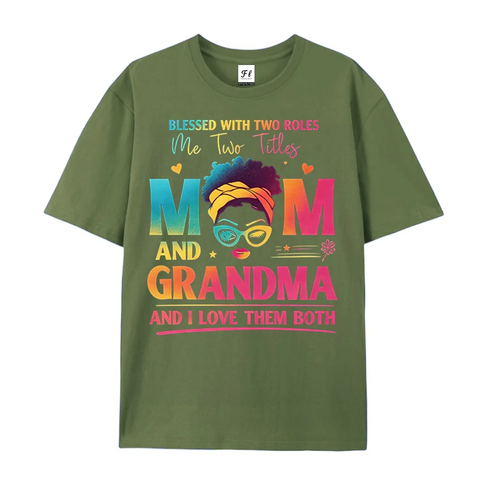 Mom and Grandma Graphic T Shirt for Women Blessed With Two Roles Vintage Letter Print Casual Short Sleeve Family Gift Tee