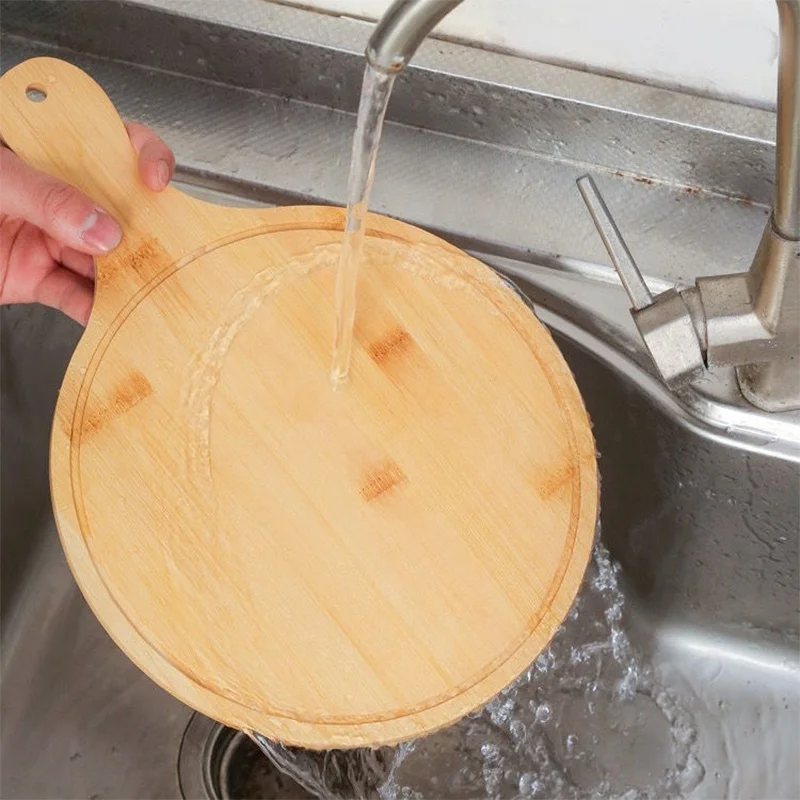 Wooden Pizza Board Round With Hand Pizza Baking Tray Pizza Stone Cutting Board Platter Pizza Cake Bakeware Kitchen Tools