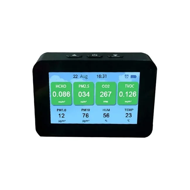 Détecteur de Radon de Qualité de l'Air Multifonction TEMP HUM TVOC HCHO PM10 PM1.0 PM2.5, Écran de 4.3 Pouces, 3000mAh