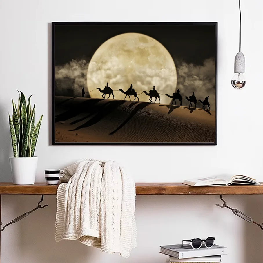Modern Desert Camel Caravan Silhouette Full Moon Canvas Wall Art Sand Dunes Home Decor Living Room Picture Frame