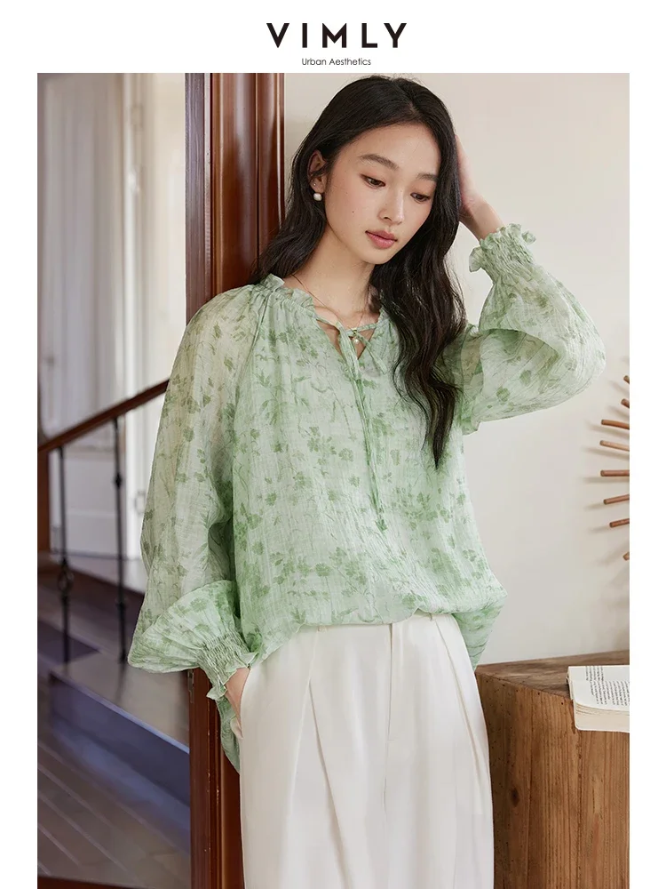 VIMLY Women Casual Blouse Shirt 2025 Spring New Lycra Floral Printed V-Neck With Lace up Simple Office Lady Pullover Top A0662