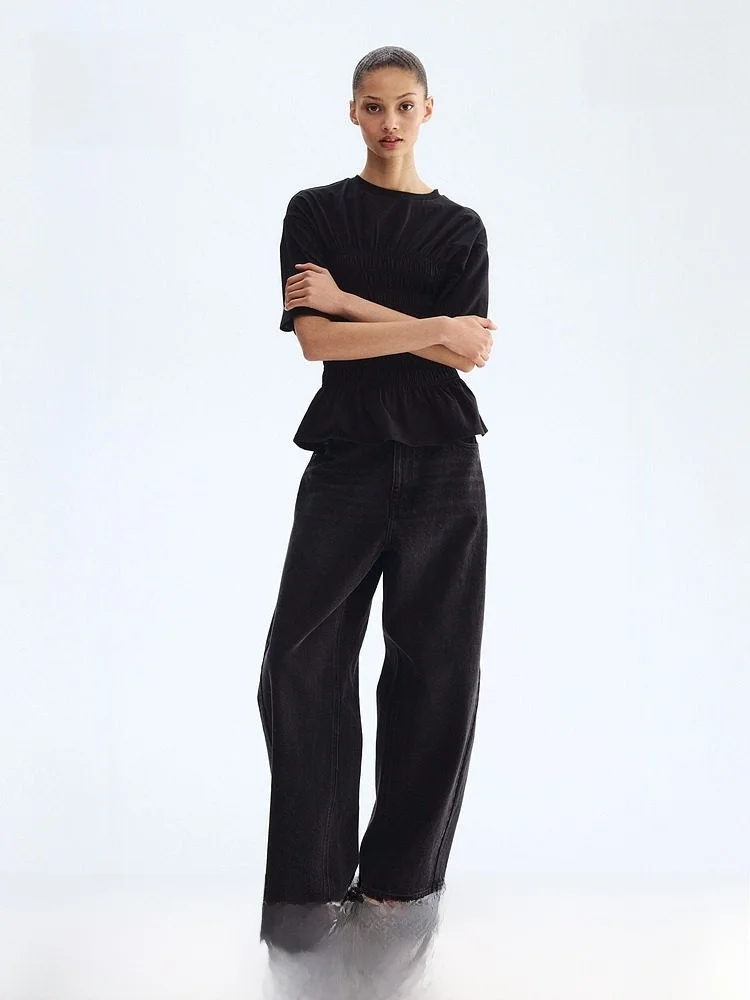 

Женская футболка H&M: Новинка лета, модный дизайн, укороченная, с эффектом утяжки на талии, базовый слой, повседневный стиль, 100% хлопок