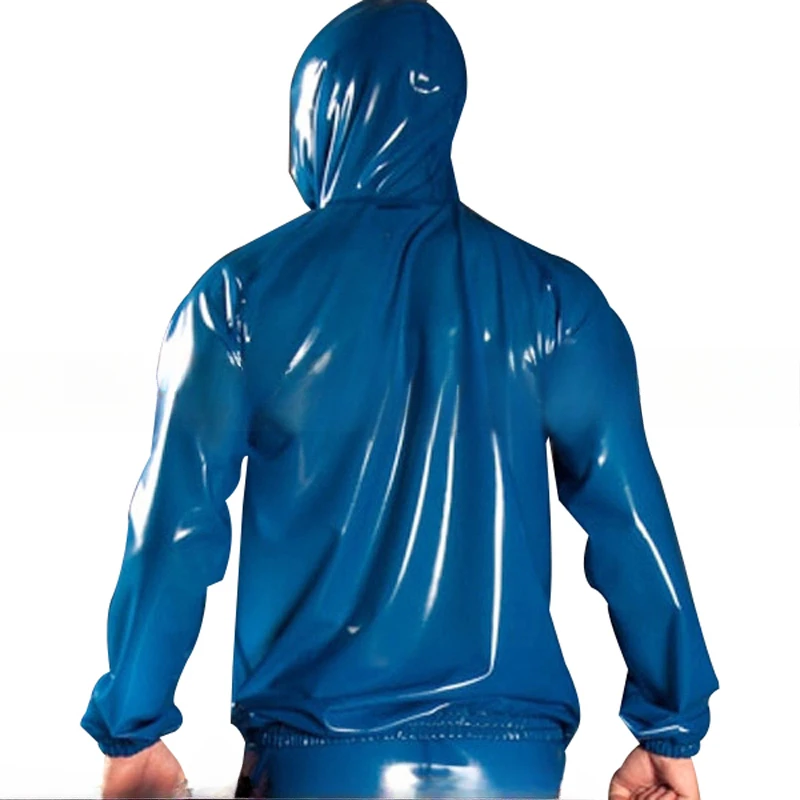Latex Jacket Transparent Blue And Black Sexy Front Zipper With Hoodie Pockets Rubber Coat Top view 3