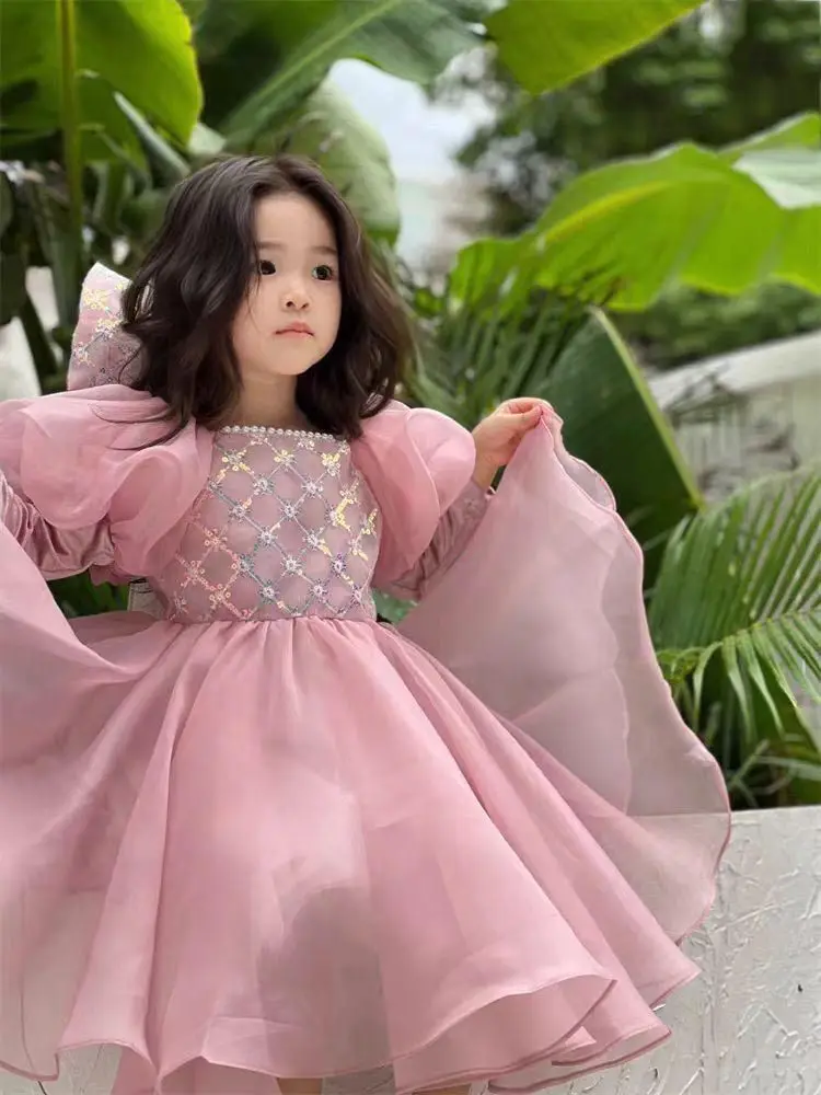 Saia de princesa manga comprida infantil, vestidos de festa para meninas, roupas de menina, bolha, grande, primavera, outono, novo