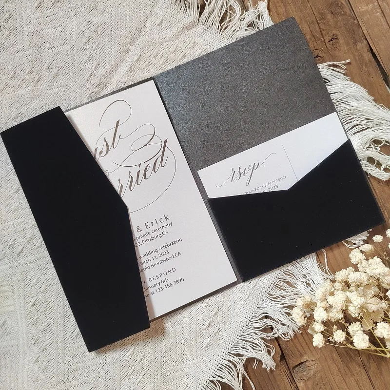 25pcs Black Velvet Invitation Card Pocket Folder,Trifild Folder,Black Velet and Black Pearlescent Paper